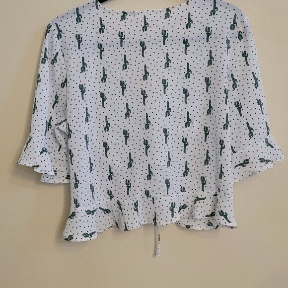 Elodie White Cropped Gathered Front Blue Polka Dot Cactus Pattern Top Size L - Picture 4 of 5